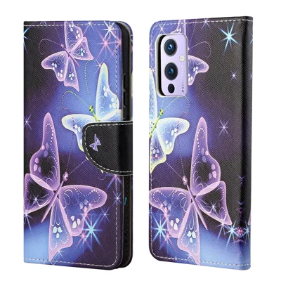Wallet Stand Design Pattern Printing Cross Texture Leather Case Shell for OnePlus 9 Pro - Sparkle Butterfly