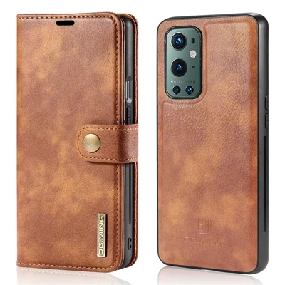 DG.MING Detachable 2-in-1 Wallet Cover for OnePlus 9 Pro, Split Leather Inner TPU Flip Stand Protective Case - Brown