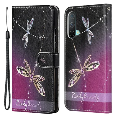 Pattern Printing Cross Texture Leather Wallet Phone Stand Case Cover for OnePlus Nord CE 5G - Dragonfly