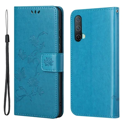 Flower Butterfly Imprint Leather Wallet Stand Phone Cover with Lanyard for OnePlus Nord CE 5G - Blue
