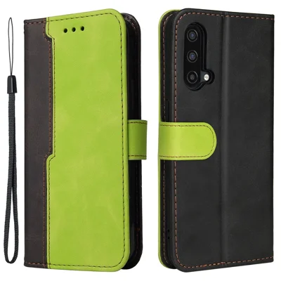 Bi-color Style Soft PU Leather Phone Case Wallet with Strap for OnePlus Nord CE 5G - Green