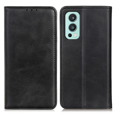 Volledige Bescherming Splits Leer Portemonnee Magnetische Automatisch Sluitende Standhoes voor OnePlus Nord 2 5G - Zwart