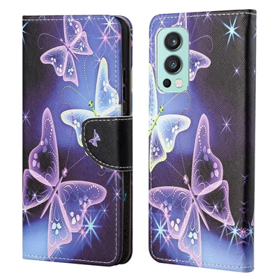 Patroonprint Kruistextuur PU Leren Wallet Stand Telefoonhoesje voor OnePlus Nord 2 5G - Mooie Vlinder