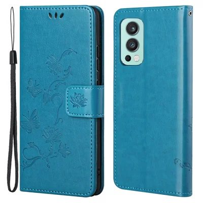 Flower Butterfly Imprint Leer Portemonnee Hoesje met Lanyard voor OnePlus Nord 2 5G - Blauw