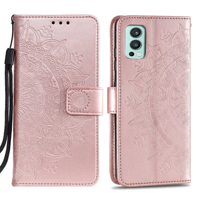PU Leather Imprinted Mandala Pattern Wallet Stand Case with Strap for OnePlus Nord 2 5G - Rose Gold
