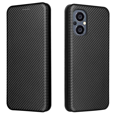 Ring Strap Kickstand Design Carbon Fiber Texture PU Leather Shockproof Mobile Phone Case with Card Slot for OnePlus Nord N20 5G - Black