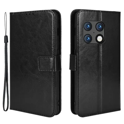 Texture de cheval fou Portefeuille support Étui en cuir PU + TPU Protection complète pour OnePlus 10 Pro 5G - Noir 