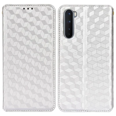 For OnePlus Nord Rhombus Imprinted PU Leather + TPU Phone Case Stand Wallet Protective Cover - Silver