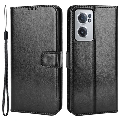 For OnePlus Nord CE 2 5G PU Leather Wallet Phone Case Magnetic Buckle Crazy Horse Texture Horizontal Flip Stand Cover with Strap - Black