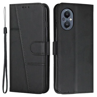 For OnePlus Nord N20 5G Stitching Design Wallet Shell Wear-resistant Anti-fall PU Leather Stand Case with Strap - Black