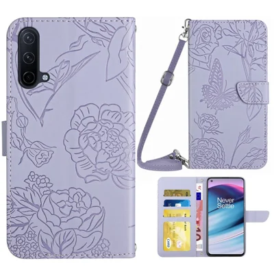For OnePlus Nord CE 5G/Nord Core Edition 5G Protective Case PU Leather Wallet Case Butterfly Flowers Imprinting Folio Flip Cover Shockproof Stand Shell with Shoulder Strap - Light Purple