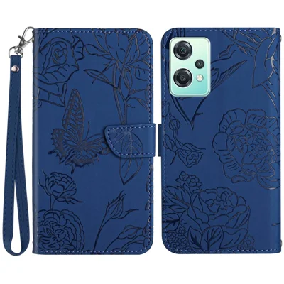 For OnePlus Nord CE 2 Lite 5G / Realme 9 Pro 5G / 9 5G  / V25 Wallet Case Imprinted Butterfly Flowers Pattern PU Leather Wrist Strap Wallet Stand Feature Flip Cover - Blue