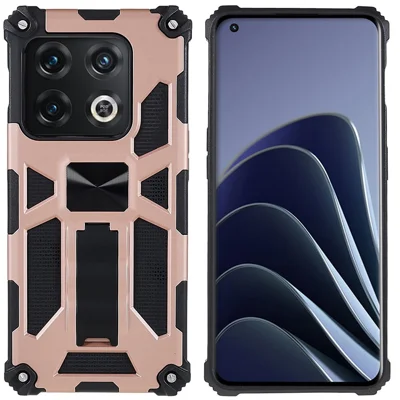 PC TPU Combo Armor Phone Case for OnePlus 10 Pro, Double Protection Anti-fall Kickstand and Magnetic Metal Sheet Hybrid Phone Case - Rose Gold