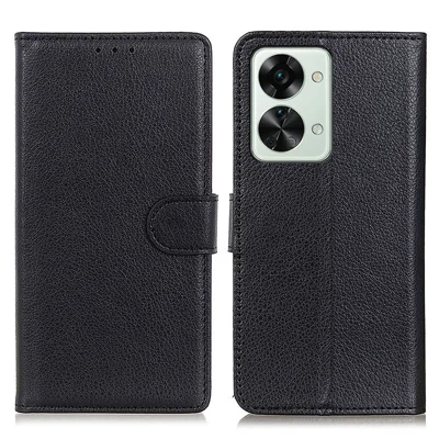 For OnePlus Nord 2T 5G PU Leather Book Phone Cover Litchi Texture Shockproof TPU Inner Shell  Wallet Stand Feature Magnetic Closure Case - Black