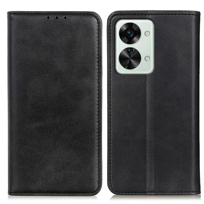 Auto-Absorbed Split Leather Phone Protective Cover for OnePlus Nord 2T 5G, Wallet Stand Design Phone Shell - Black