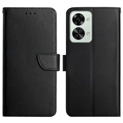 For OnePlus Nord 2T 5G Genuine Leather Case Nappa Texture Stand Wallet Style Shockproof TPU Full Protection Magnetic Cover - Black