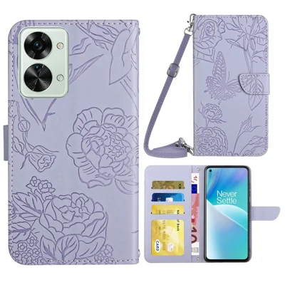 For OnePlus Nord 2T 5G Butterfly Flowers Pattern Imprinted Wallet Phone Cover PU Leather Stand Case with Shoulder Strap - Light Purple