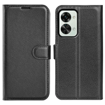 Litchi Texture Case for OnePlus Nord 2T 5G, Scratch-resistant Anti-drop Stand PU Leather Wallet Protective Phone Cover - Black