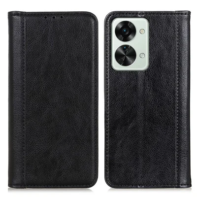 For OnePlus Nord 2T 5G Litchi Texture Split Leather Cover Stand Hidden Magnetic Adsorption Shockproof Flip Wallet Case - Black