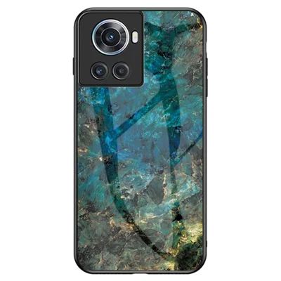 For OnePlus Ace 5G Marble Pattern Anti-fall Tempered Glass + PC Back TPU Frame Hybrid Phone Cover Shell - Emerald Marble