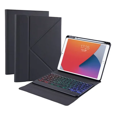 B09S Leather Cover Shell + Wireless Bluetooth-compatible Keyboard Combo Set with Colorful Backlight for iPad 10.2 (2021)/(2020)/(2019)/Pro 10.5-inch (2017)/Air 10.5 inch (2019) - Black
