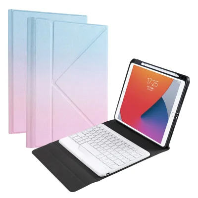 B07 Leather Protective Case + Bluetooth Keyboard Support Triangle Stand Built-in Pen Slot [without Backlit] for iPad 9.7 (2017) (2018) / iPad Pro 9.7 (2016) / iPad Air 2 - Blue/Pink