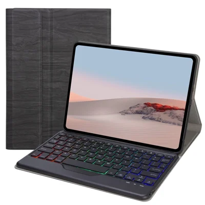Für Microsoft Surface Go/Go 2/Go 3, Drei Farben Hintergrundbeleuchtung Bluetooth 5.0 Tastatur + Abnehmbare dünne Lederhülle mit Holzoptik aus PU-Leder, Smart Cover – Schwarz