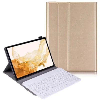 A700 for Samsung Galaxy Tab S8 (2021) SM-X700/X706 Ultra Thin Tablet Stand Leather Protective Case + Bluetooth-compatible Keyboard - Gold