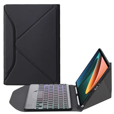 B0N5S For Xiaomi Pad 5/5 Pro Bluetooth-compatible Keyboard Case Backlit Wireless Keyboard Tablet Leather Cover + TPU Back Shell with Triangle Stand - Black/Black