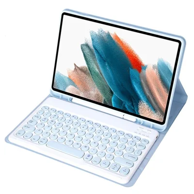 YA08B for Samsung Galaxy Tab A8 10.5 (2021) / (2022) Leather Case Bluetooth-compatible Keyboard with Round Key Cap - Blue