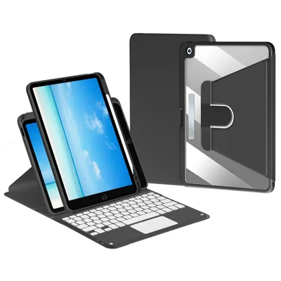 For iPad 10.2 (2021)/(2019)/(2020) Detachable Bluetooth-compatible Keyboard with TouchPad + Rotating Leather Protective Cover Case with Pencil Holder - Black