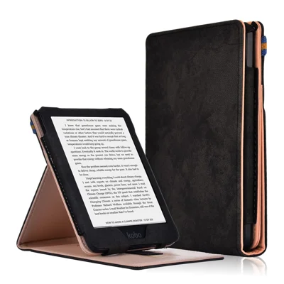 Auto-wake / sleep Vertical PU Leather Stand Case with Hand Strap for Kobo Clara HD 6.0 inch - Black