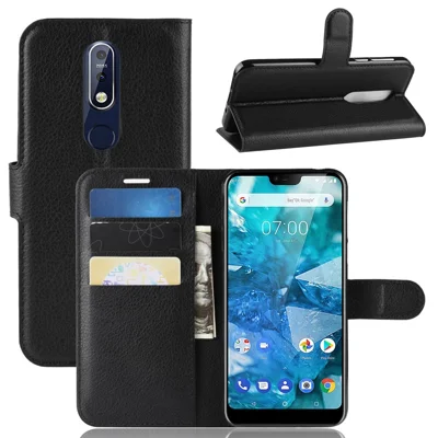 Litchi Skin PU Leather Cell Phone Case for Nokia 7.1 - Black