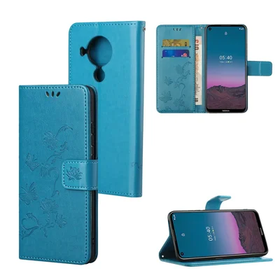 Imprint Butterfly Flower Leather Wallet Stand Phone Cover for Nokia 5.4 - Blue