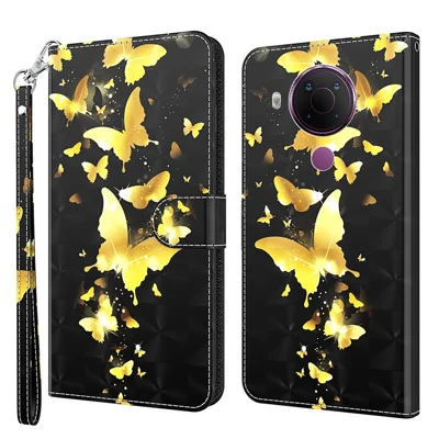 Pattern Printing Wallet Stand PU Leather Phone Case Shell for Nokia 5.4 - Gold Butterfly