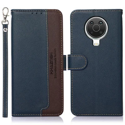 KHAZNEH RFID Blocking Anti-theft Swiping Design Litchi Skin PU Leather Wallet Phone Stand Shell Case for Nokia 6.3 / G10 / G20 - Blue