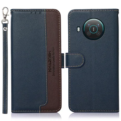 KHAZNEH RFID Anti-theft Swiping Function Design Leather Phone Case Litchi Skin Cover for Nokia X10/X20 - Blue