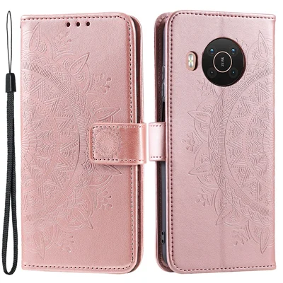 Imprinted Mandala Totem Pattern PU Leather Wallet Cover Case with Strap for Nokia X20 - Rose Gold