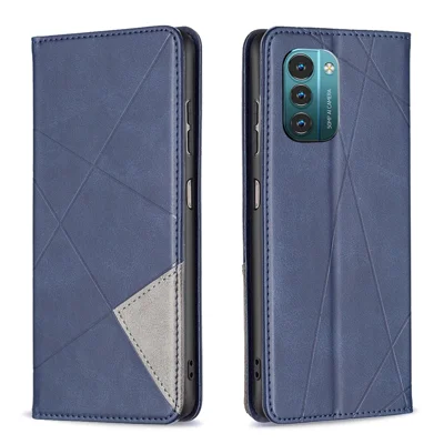For Nokia G21 / G11 Anti-Scratch Anti-Drop Splicing Rhombus-Like Imprinting PU Leather Case Stand Magnetic Shell Cover with Card Slots - Blue