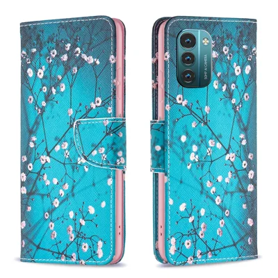 Voor Nokia G21 / G11 telefoonhoesje met patroonprint PU-leer portemonnee standhoes - Prunusbloesem