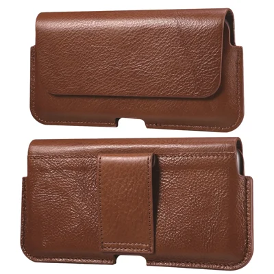 Universal Vertical Flip Leather Phone Pouch Cover Waist Holster Bag Belt Case for iPhone 12 Pro Max 6.7 inch Phone - Brown