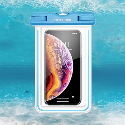 PICTET.FINO RH11 IPX8 Waterproof Sealing Phone Case Touch Control Noctilucent Transparent PVC Case for 6.7-inch and Below - Blue