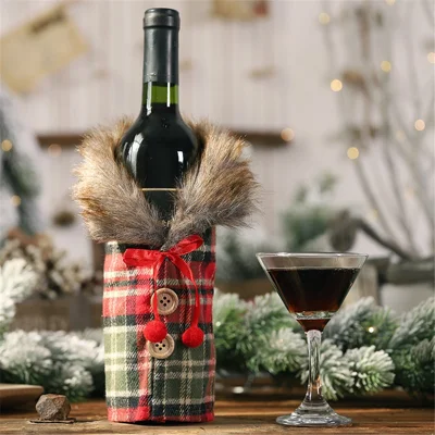 Button Coat Design Cloth Christmas Decorations Wine Bag Christmas Bottle Cover - Plaid