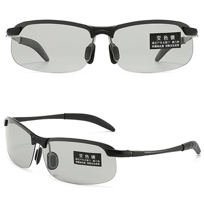 Photochromic Sunglasses Men Polarized Discoloration Rimless Day Night Driving - Black