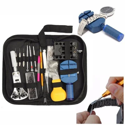 Set di 144 attrezzi per la riparazione di orologi, con apribottoni, strumento di rimozione, barra di riparazione, leva e cacciavite