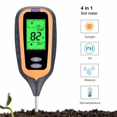 Tester gleby 4-w-1 do gospodarstw, ogrodów, trawników: temperatura, wilgotność, światło, pH