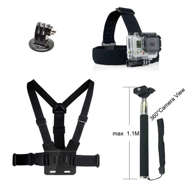 4 in 1 Zubehör-Kit mit Brustgurt, Kopfband, ausziehbarem Selbstauslöser-Einbeinstativ für GoPro Hero 4/3+/3/2/1 SJ4000/5000/6000/Xiaomi Yi