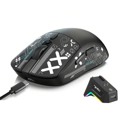 HXSJ T90 Pro 3-Mode Connection Gaming Mouse with Charging Dock Wireless RGB Backlight Silent Mouse for PC / Laptop - Black