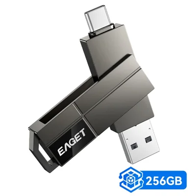 EAGET CF33 256 GB USB 3.2 Type-A + Type-C 2-i-1 USB-stik 360 grad roterbar dækselet zinklegering opbevaringsdisk - Sort