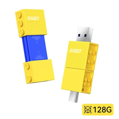 EAGET CF50 128 Go Clé USB double port à glissière USB 3.2 Type-A + Type-C, mémoire haute vitesse - Bleu + Jaune